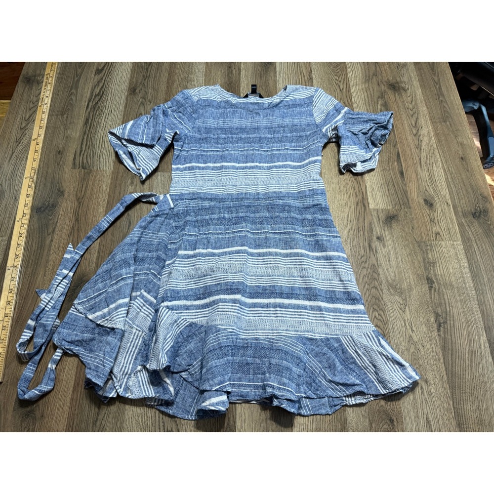 Express Dress Womens Size XS Blue Mini Fit & Flare Striped Ruffle Sleeve Tie